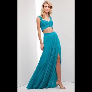NWT NEW Mignon VM1773 turquoise pleated two piece prom dress